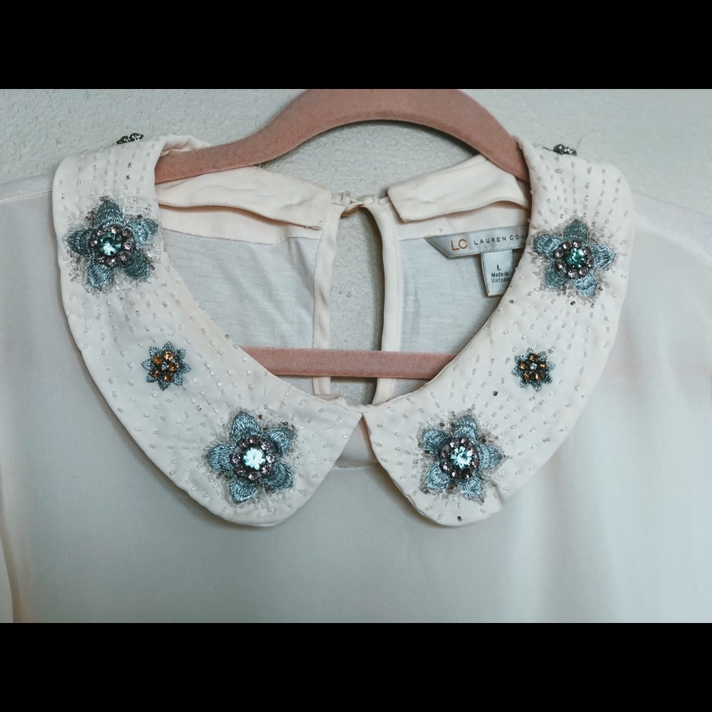 Vintage style cream top with bejeweled collar